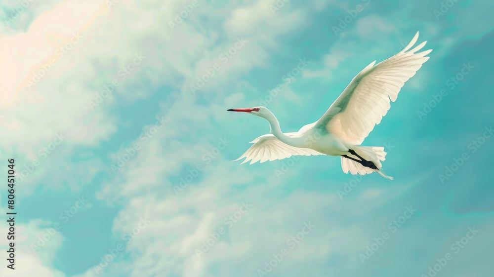 Obraz premium White stork in flight against cloudy sky