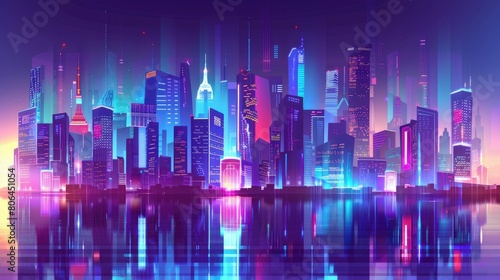 Futuristic cyberpunk skyline with neon-colored city at night  Reflecting in river  vibrant cityscape banner. Ai Generated
