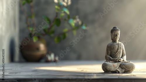 Small Buddha statue meditating on wooden surface