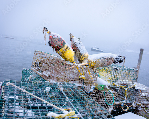 Lobster traps in snowstorm, New England coast