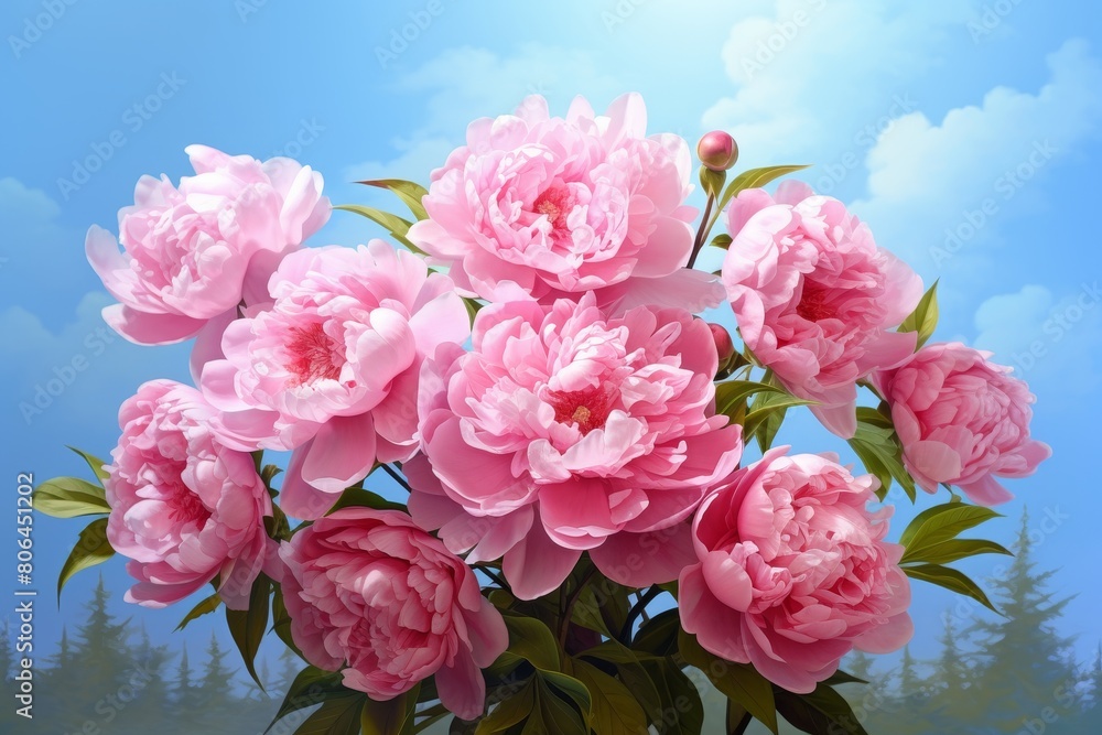 Vibrant pink peony flowers blooming against a blue sky