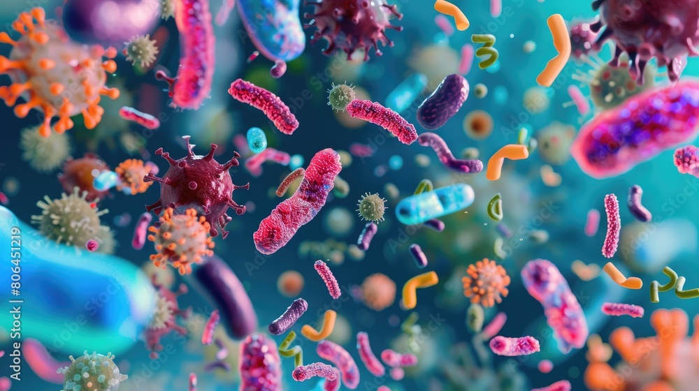 Macro view of various microbes virus cells and bacteria against abstract backdrop. Ai Generated Macro view of various microbes virus cells and bacteria against abstract backdrop. Ai Generated