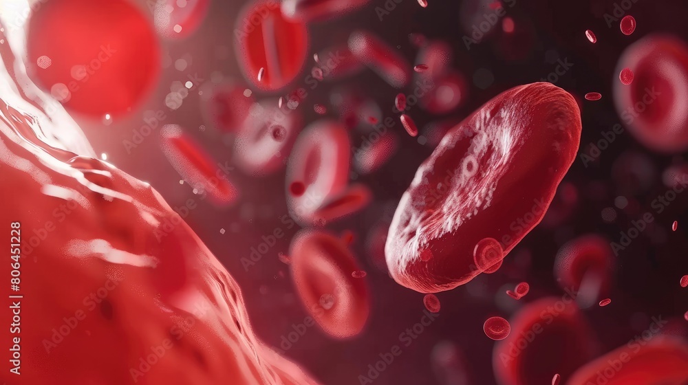 Fototapeta premium Macro shot captures red blood cells flowing through an artery. Ai Generated
