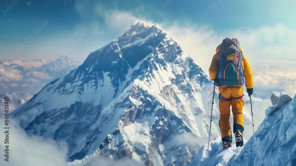 Climber in protective gear ascending snowy mountain peak under clear blue sky