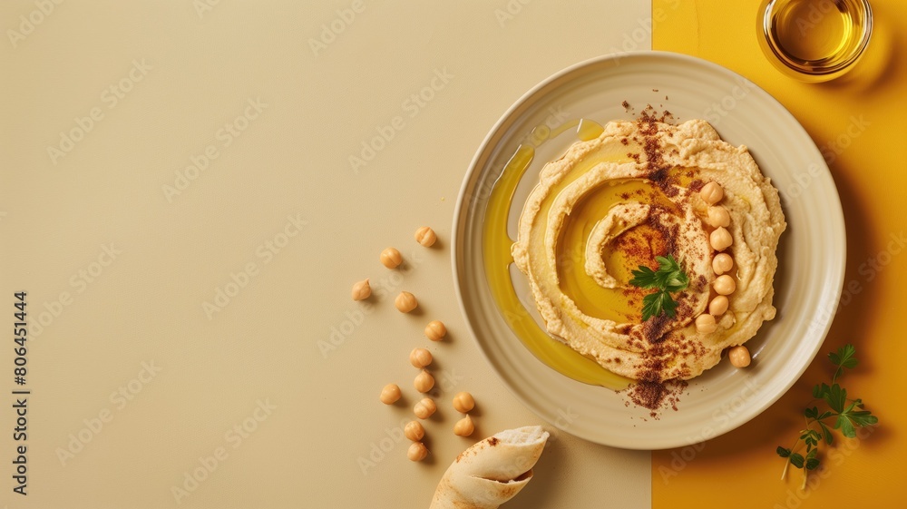Bowl of hummus adorned with chickpeas, olive oil, and spices on dual-tone background Bowl of hummus adorned with chickpeas, olive oil, and spices on dual-tone background