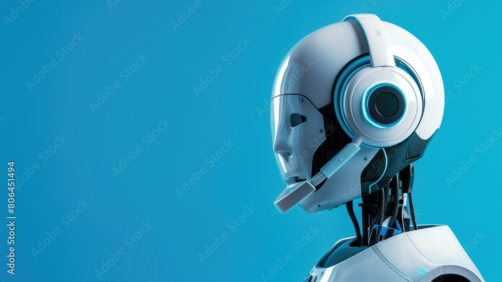 Side profile of humanoid robot head with intricate details against blue background