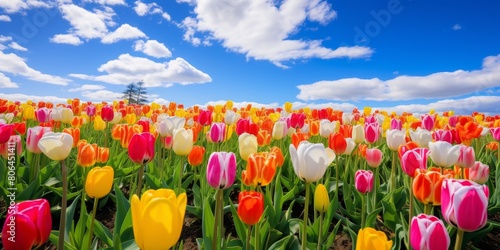 Vibrant tulip field under a blue sky