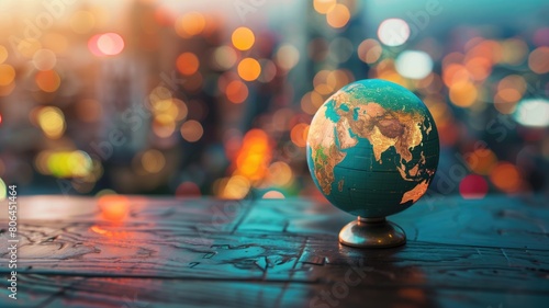 Small globe on wooden surface with colorful bokeh background