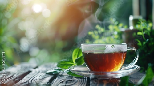 Steaming cup of tea on wooden table amidst greenery with sunlight