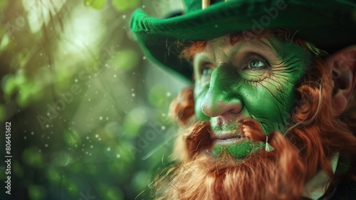 Fantasy character with green outfit and beard in forest setting photo