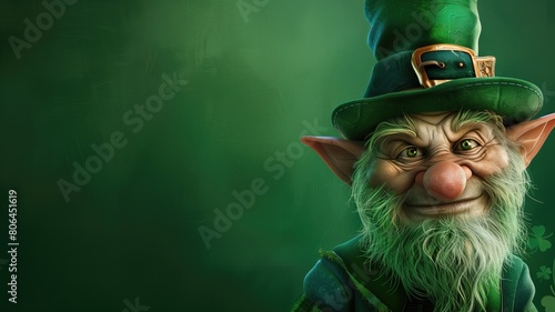 Cartoon leprechaun with green hat smiling against background