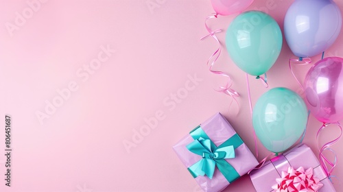 Festive composition: flying balloons, gift boxes on light background, Ai Generated.