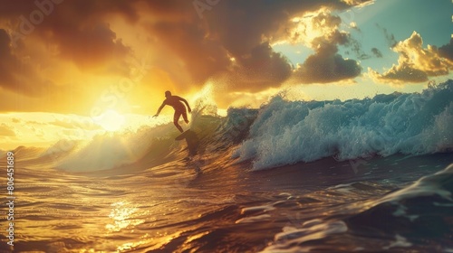 Surfer riding a wave at golden sunset. © Khalif