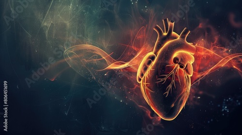 Human heart with cardio pulse line on dark background  Concept of healthcare and cardiology. Ai Generated