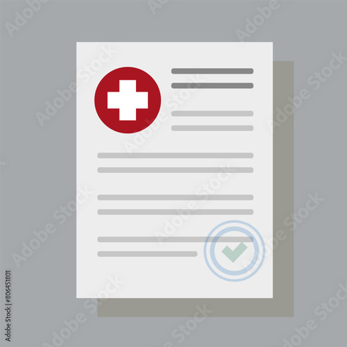 Medical document vector icon. Verified healthcare form. Red cross symbol. Grey background.