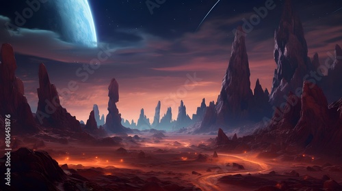 Fantasy alien planet. Mountain. 3D illustration. Panorama © Michelle