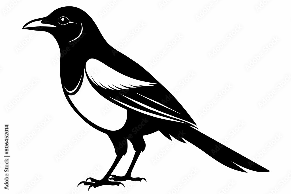 Obraz premium Magpie silhouette on white background, Vector illustration, icon, svg, characters, Holiday t shirt, Hand drawn trendy Vector illustration