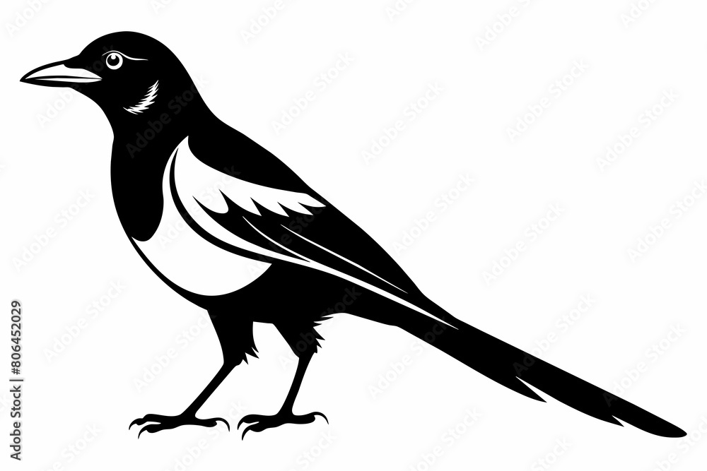 Magpie silhouette on white background, Vector illustration, icon, svg, characters, Holiday t shirt, Hand drawn trendy Vector illustration Magpie silhouette on white background, Vector illustration, icon, svg, characters, Holiday t shirt, Hand drawn trendy Vector illustration