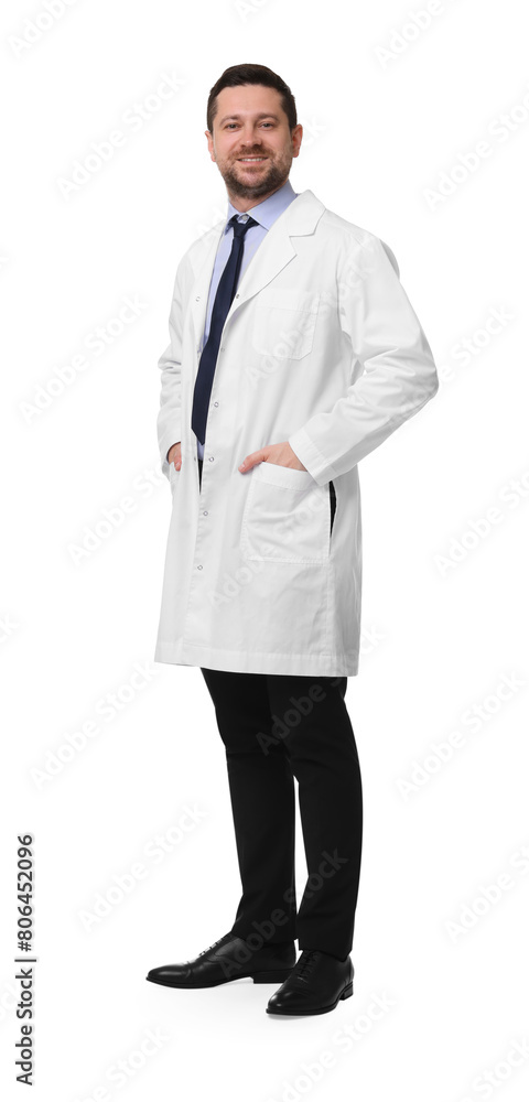 Full length portrait of smiling doctor isolated on white Full length portrait of smiling doctor isolated on white