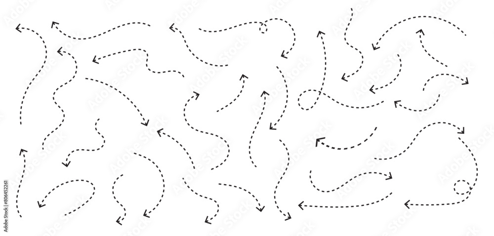 Clean dot style hand drawn doodle arrows set. Clean dot arrows style doodle set hand drawn. Curve Dotted line, preliminary.