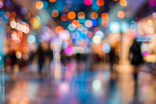 Blurred Commotion: Dynamic Mall Scene with a Bustle of People in Motion.