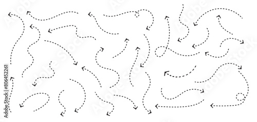 Clean dot style hand drawn doodle arrows set. Clean dot arrows style doodle set hand drawn. Curve Dotted line, preliminary.