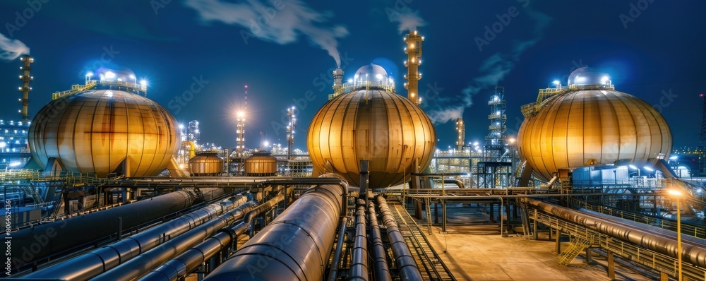 Fototapeta premium Gas storage tanks and pipes in a chemical industrial plant illuminated by glowing lights at night