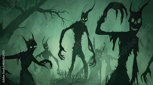 Creepy silhouettes of spiritual creatures haunting a soul in the otherworld  Ai Generated