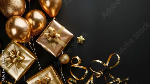 Gold-colored balloons and presents in gift boxes stand out against a dark background, Ai Generated