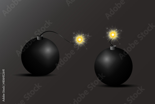 Black bomb with fuse. Sparking bomb ignition. Vector explosive device. photo