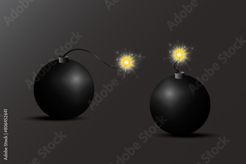 Black bomb with fuse. Sparking bomb ignition. Vector explosive device.