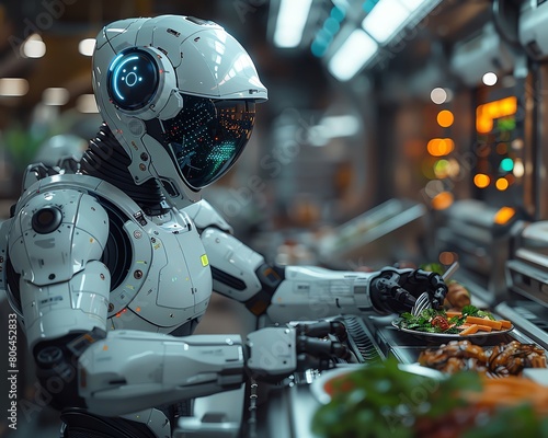 Produce a visually stunning depiction of a wide-angle view featuring a robotic chef skillfully cooking traditional dishes with a futuristic touch, rendered in a unique blend of CG 3D rendering and gli photo