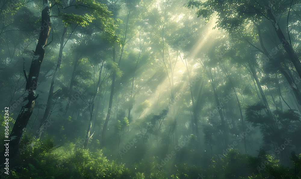 Fototapeta premium A misty forest morning, with sunlight filtering through the dense canopy of trees