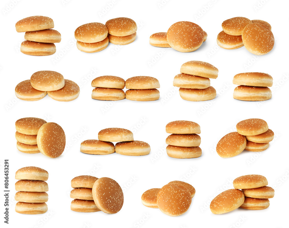 Fresh burger buns isolated on white, collage Fresh burger buns isolated on white, collage
