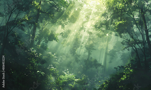 A misty forest morning, with sunlight filtering through the dense canopy of trees