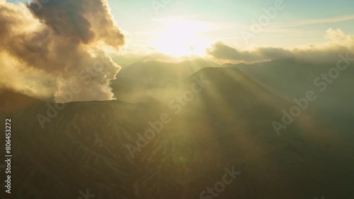 Mount Bromo volcano during sunrise or sunset sky over Mountains Penanjakan in Bromo Tengger Semeru National Park,East Java,Indonesia.Landscape background photo