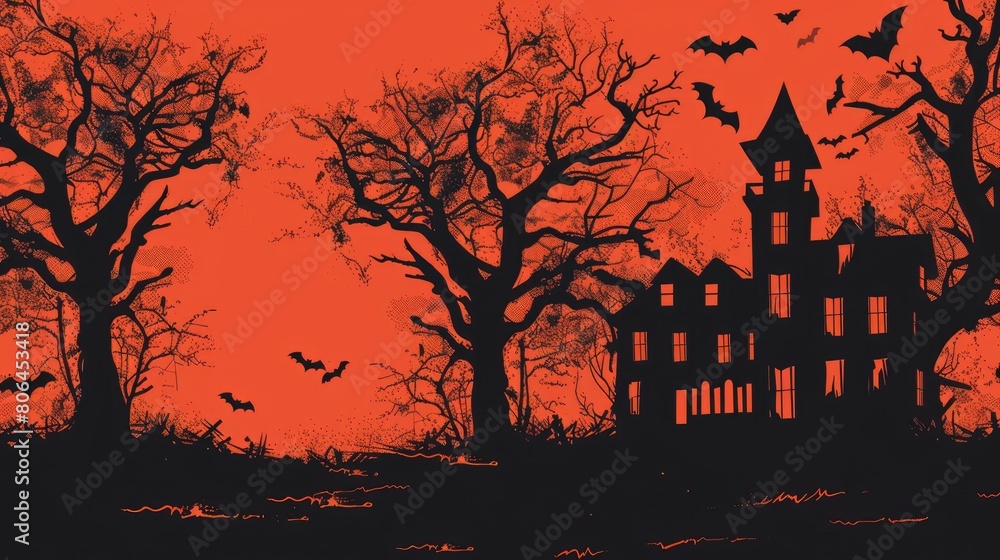 Silhouette of haunted house, bats, and spooky trees on orange backdrop. Halloween scene. Ai Generated
