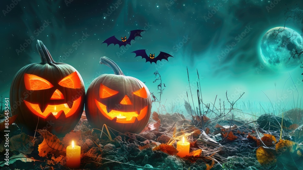Naklejka premium Spooky Halloween pumpkins illuminated in the night. Jack-o'-lanterns against moonlit Halloween backdrop. Ai Generated