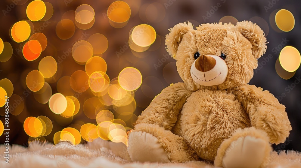 Front view of toy teddy bear seated against bokeh background. Childhood nostalgia. Ai Generated Front view of toy teddy bear seated against bokeh background. Childhood nostalgia. Ai Generated