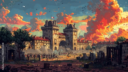 Transport your audience to the French Revolution using a pixel art style, reimagining iconic moments from a worms-eye view perspective photo