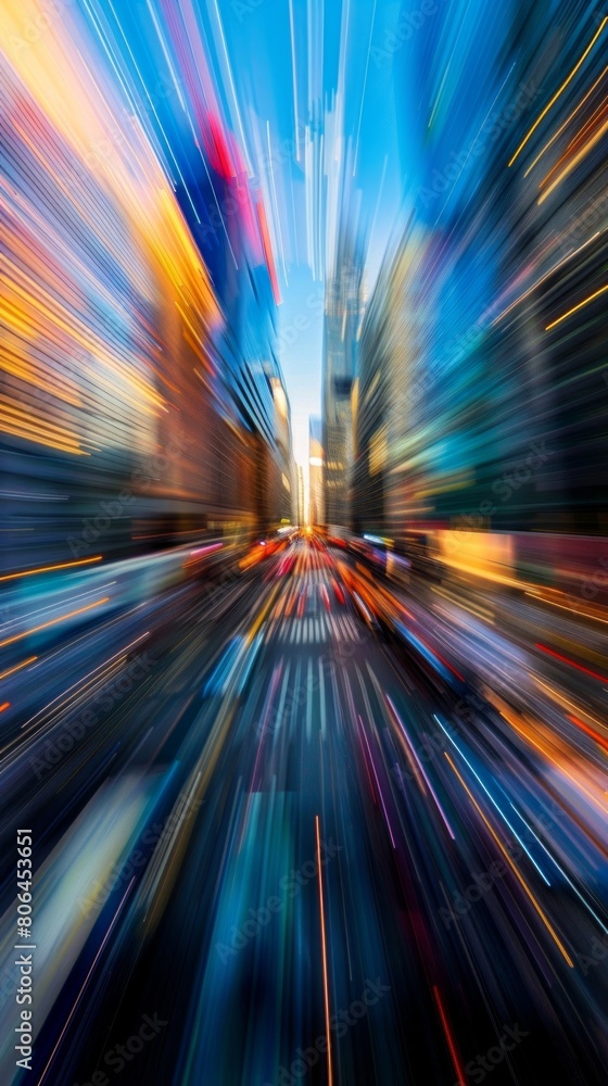 Metropolitan Rhythm: Blurred View of Cars and Buildings in a Bustling City Street.