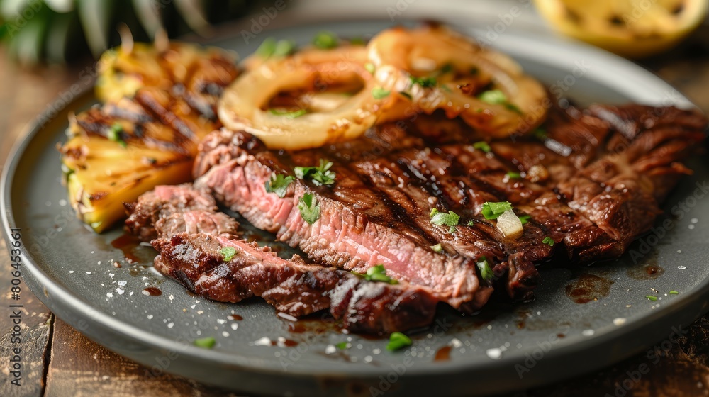 Barbecue dry aged wagyu flank steak with pineapples and onion rings as closeup on a plate