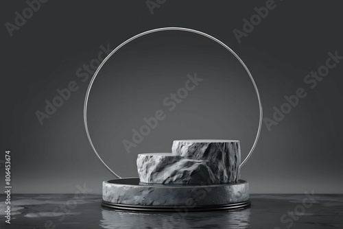 Stone podium display with water dark gray and silver pedestal with round rim frame abstract minimal black nature scene rock for product presentation or text branding