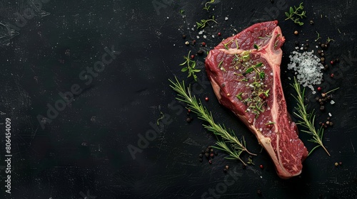 Dry-aged Raw T-bone or porterhouse beef meat Steak with herbs and salt. Black background. Top view. Copy space