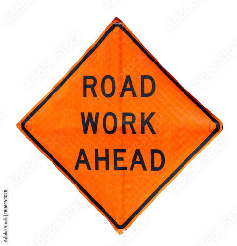 Road Work Ahead orange sign, isolated