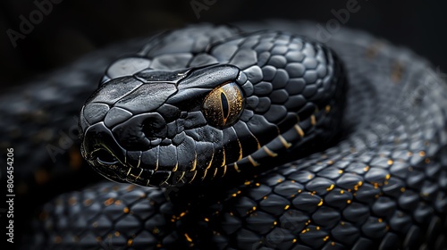 Detailed headshot of a snake, scales glistening, eyes locked on the viewer, set against a stark, black background, highlighting its enigmatic and fearsome appearance