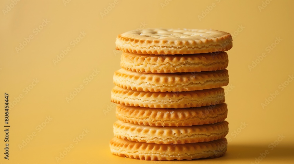 Stack of round cream-filled cookies on yellow background Stack of round cream-filled cookies on yellow background
