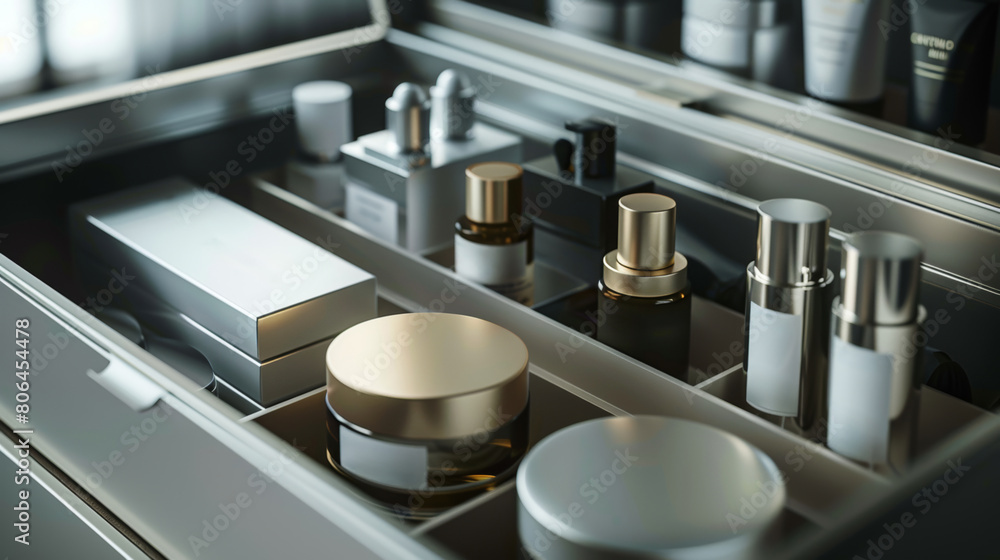 Streamlined cosmetic storage box filled with various high-end skincare products Streamlined cosmetic storage box filled with various high-end skincare products