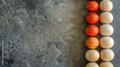 Red and beige spheres aligned on textured surface photo