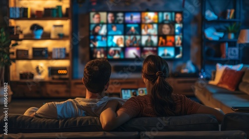 Friends choosing a movie to watch together at home, video on demand concept 